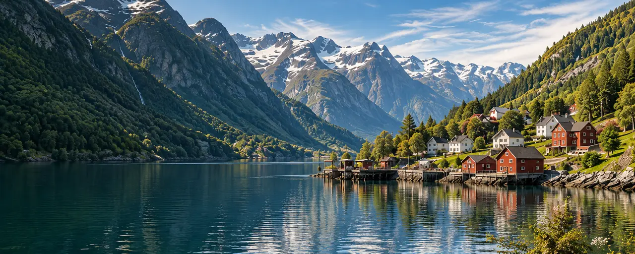 Een dorp aan een fjord, met besneeuwde bergen erachter.