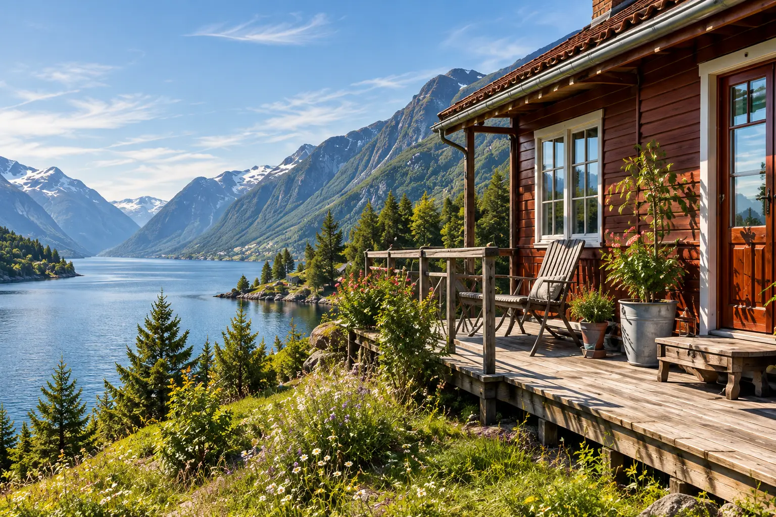Een rood houten huis met veranda boven een fjord.