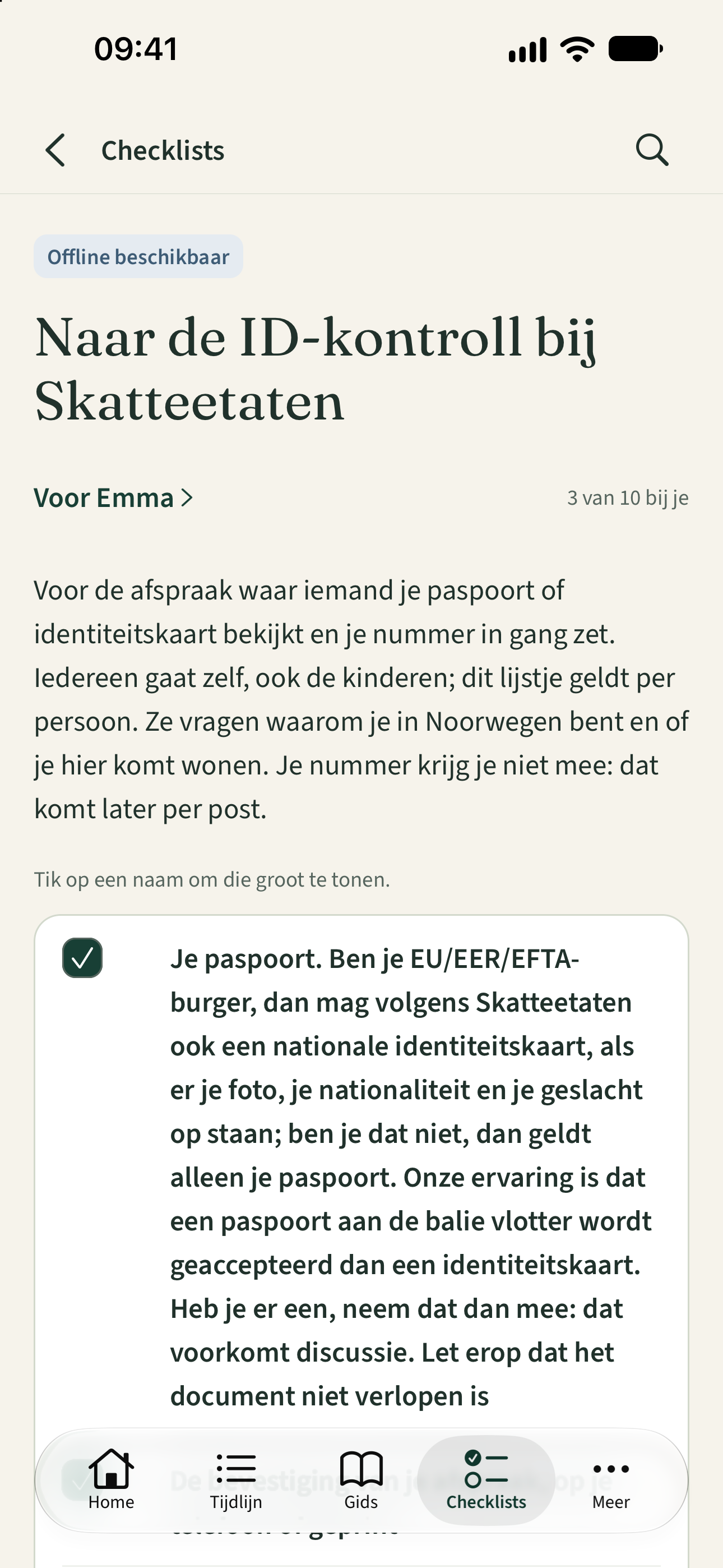 Schermafbeelding van de app op een iPhone: de checklist voor de ID-kontroll bij Skatteetaten, offline beschikbaar.