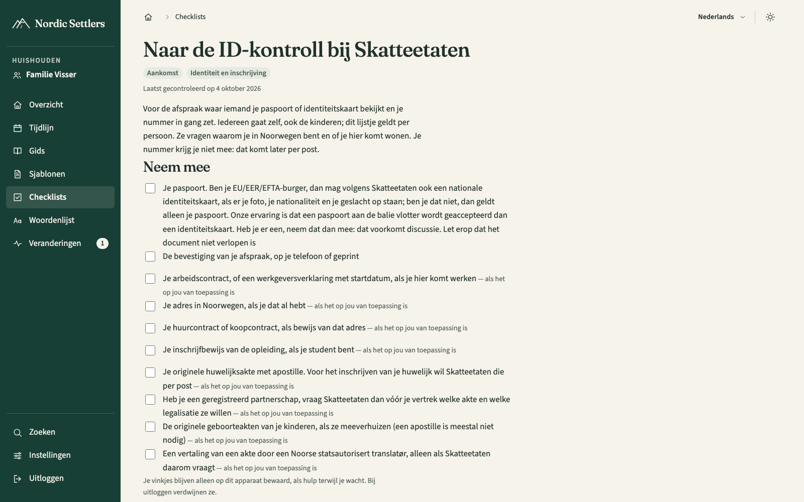 Schermafbeelding van de checklist voor de ID-kontroll bij Skatteetaten: wat je meeneemt, met afvinkvakjes en de datum waarop hij voor het laatst is gecontroleerd.
