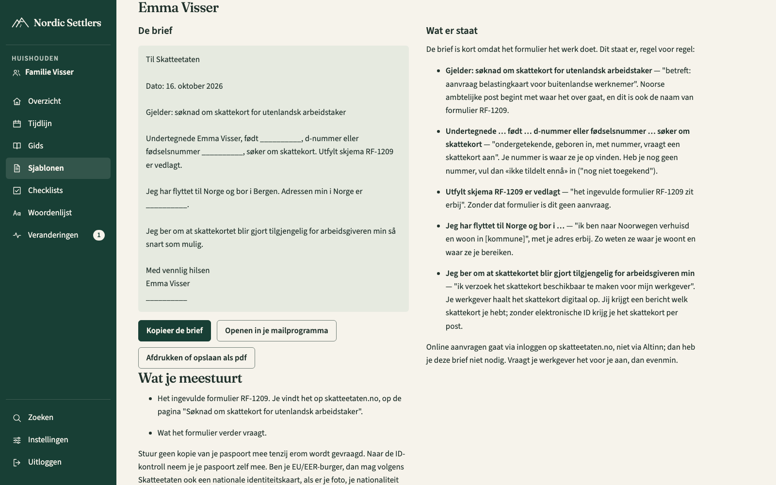 Schermafbeelding van een brief aan Skatteetaten in het Noors, met de naam van de aanvrager erin en rechts de uitleg per regel in het Nederlands.