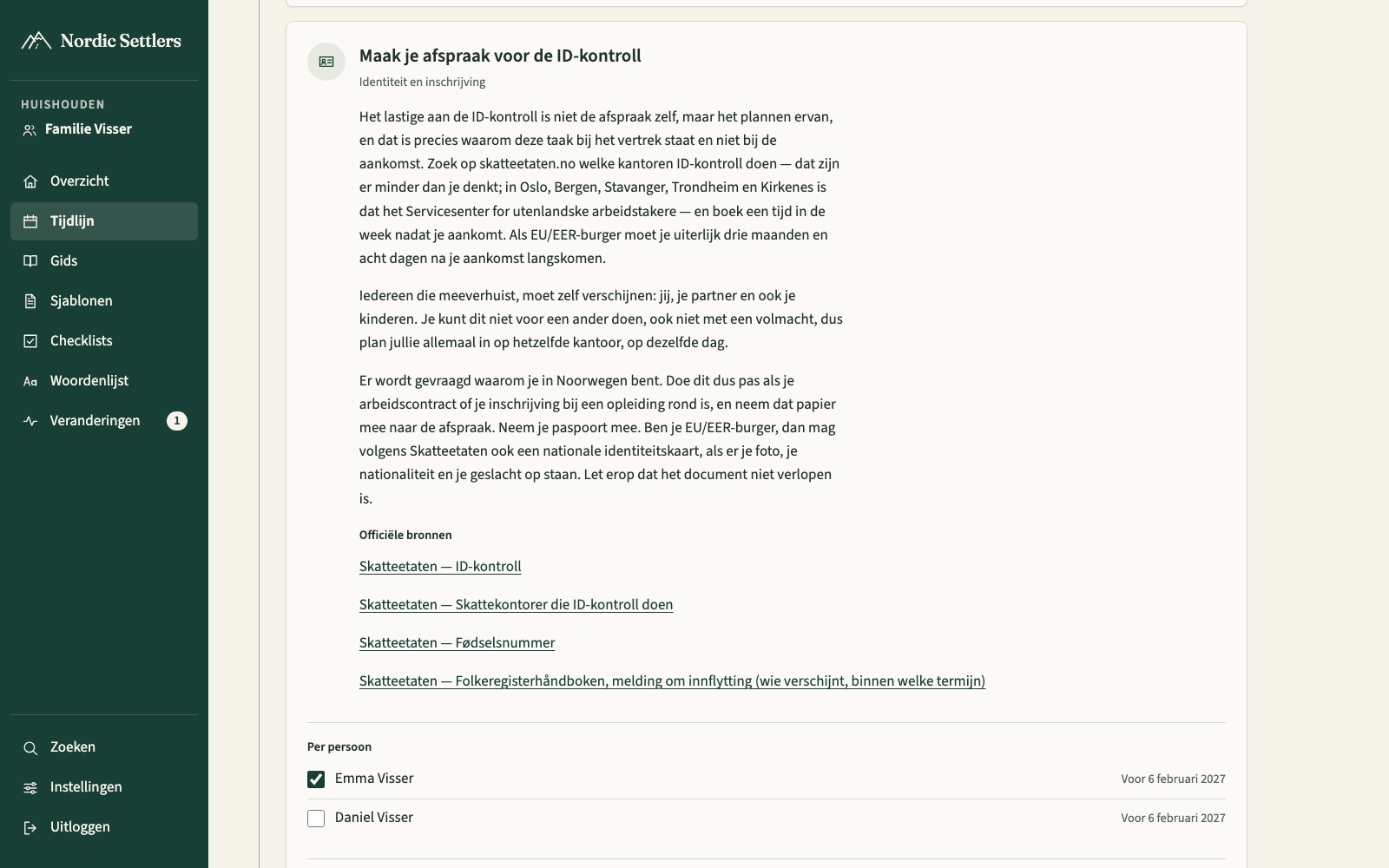 Schermafbeelding van een taak, de afspraak voor de ID-kontroll, met de uitleg, de officiële bronnen en onderaan een vinkje per persoon.